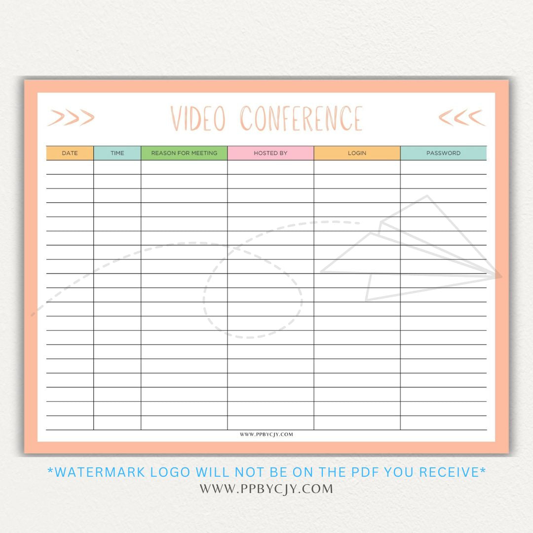 Video conference log printable PDF template for tracking virtual meetings, attendees, topics, and action items.

