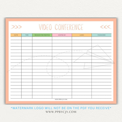 Video conference log printable PDF template for tracking virtual meetings, attendees, topics, and action items.

