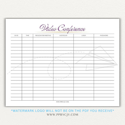 Video conference log printable PDF template for tracking virtual meetings, attendees, topics, and action items.

