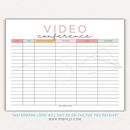 Video conference log printable PDF template for tracking virtual meetings, attendees, topics, and action items.

