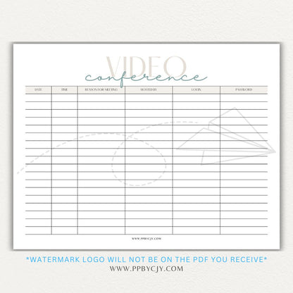 Video conference log printable PDF template for tracking virtual meetings, attendees, topics, and action items.

