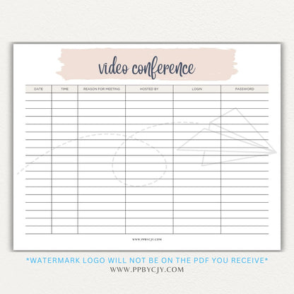 Video conference log printable PDF template for tracking virtual meetings, attendees, topics, and action items.

