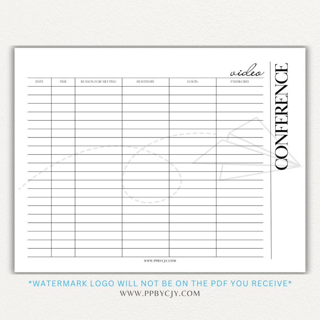 Video conference log printable PDF template for tracking virtual meetings, attendees, topics, and action items.

