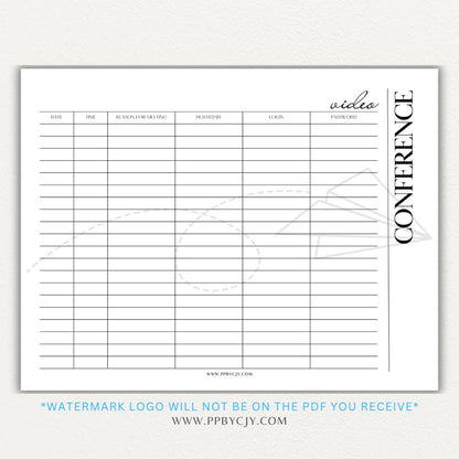 Video conference log printable PDF template for tracking virtual meetings, attendees, topics, and action items.

