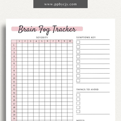 printable template page with columns and rows related to brain fog tracking