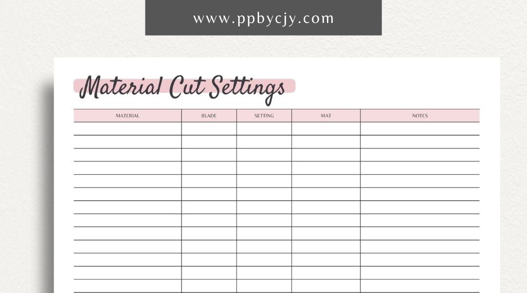 Cricut Material Cut Settings Printable PDF Template