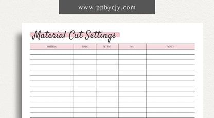 Cricut Material Cut Settings Printable PDF Template