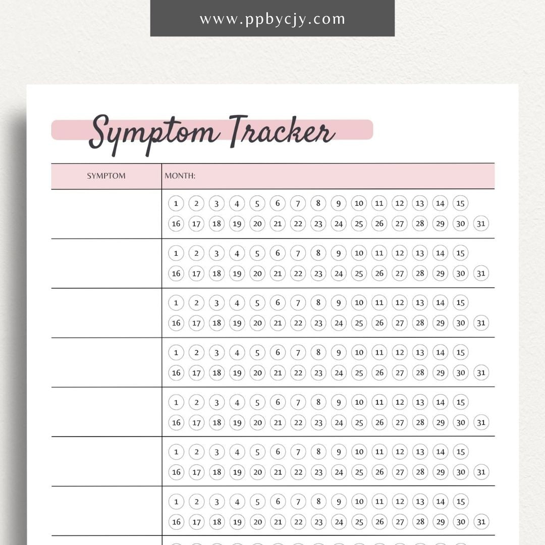 printable template page with columns and rows for symptom tracking
