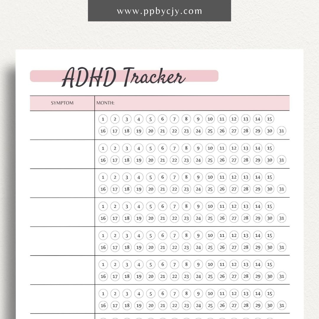 printable template page with columns and rows related ADHD symptom tracking