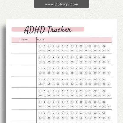 printable template page with columns and rows related ADHD symptom tracking