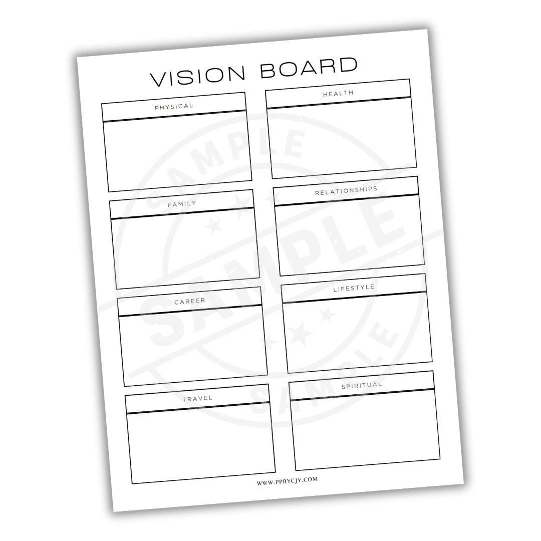 Vision board template with labeled sections on a white background
