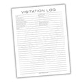 Visitation log sheet with columns for date, child's name, custodial parent, non-custodial parent, start time, end time, and notes.