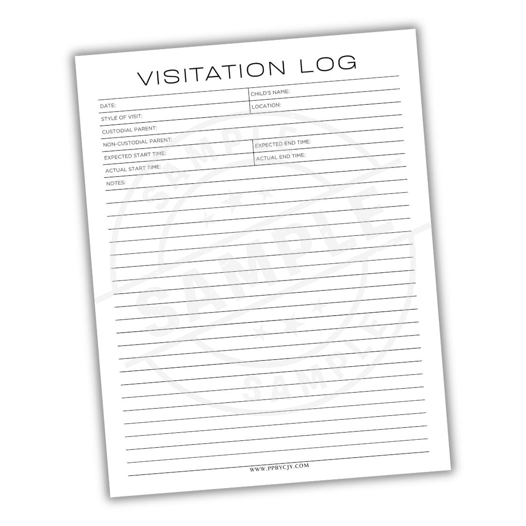Visitation log sheet with columns for date, child's name, custodial parent, non-custodial parent, start time, end time, and notes.