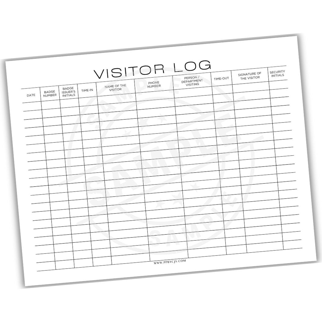 Visitor log sheet with columns for date, time, visitor name, reason for visit, and signature.