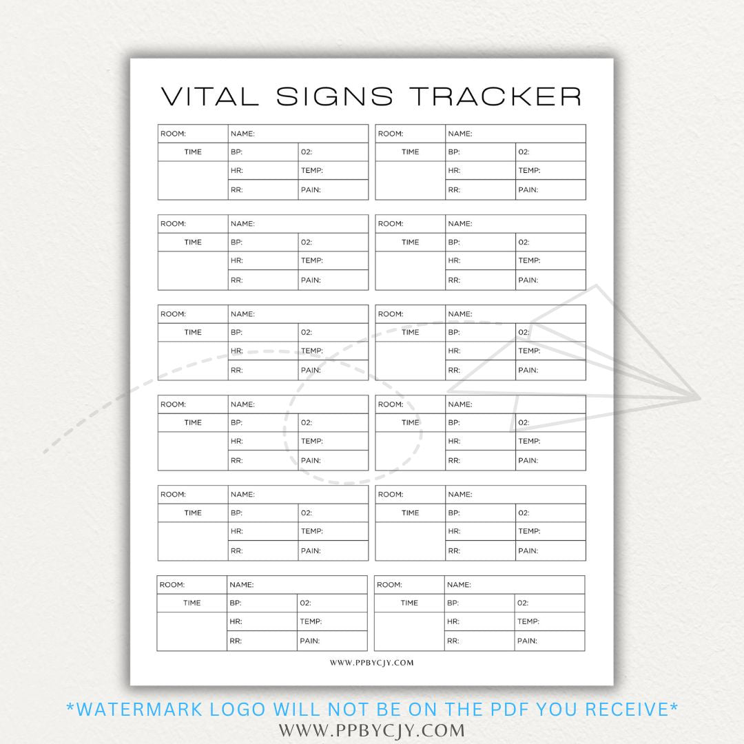 Medical Vital Sign Tracker Printable PDF Template with sections for blood pressure, heart rate, temperature, and oxygen levels for health monitoring.

