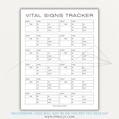 Medical Vital Sign Tracker Printable PDF Template with sections for blood pressure, heart rate, temperature, and oxygen levels for health monitoring.

