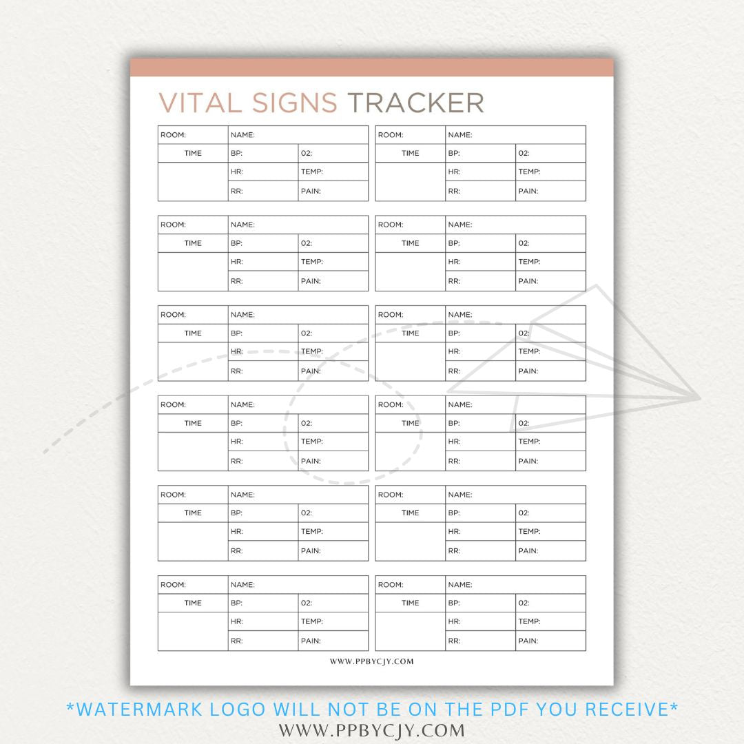 Medical Vital Sign Tracker Printable PDF Template with sections for blood pressure, heart rate, temperature, and oxygen levels for health monitoring.

