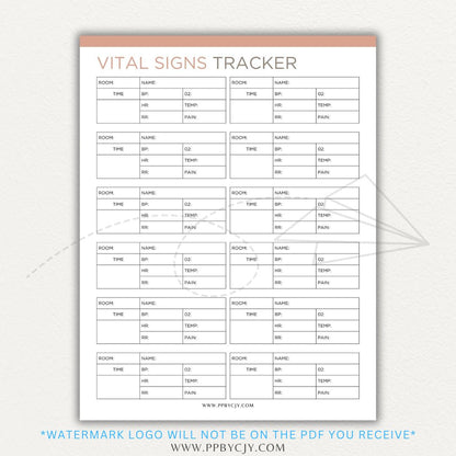 Medical Vital Sign Tracker Printable PDF Template with sections for blood pressure, heart rate, temperature, and oxygen levels for health monitoring.

