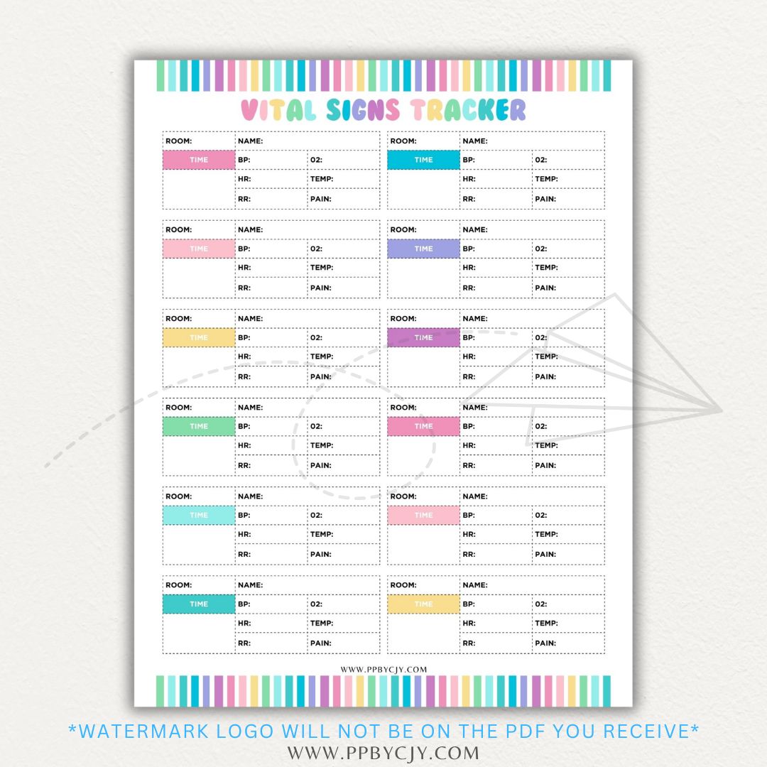 Medical Vital Sign Tracker Printable PDF Template with sections for blood pressure, heart rate, temperature, and oxygen levels for health monitoring.

