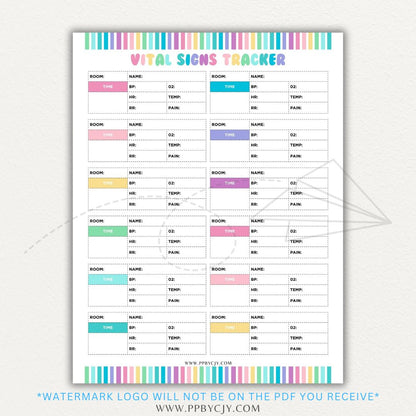 Medical Vital Sign Tracker Printable PDF Template with sections for blood pressure, heart rate, temperature, and oxygen levels for health monitoring.

