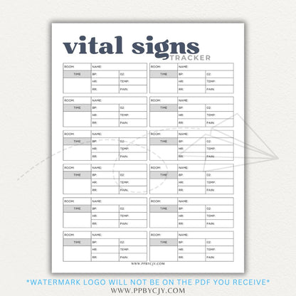 Medical Vital Sign Tracker Printable PDF Template with sections for blood pressure, heart rate, temperature, and oxygen levels for health monitoring.

