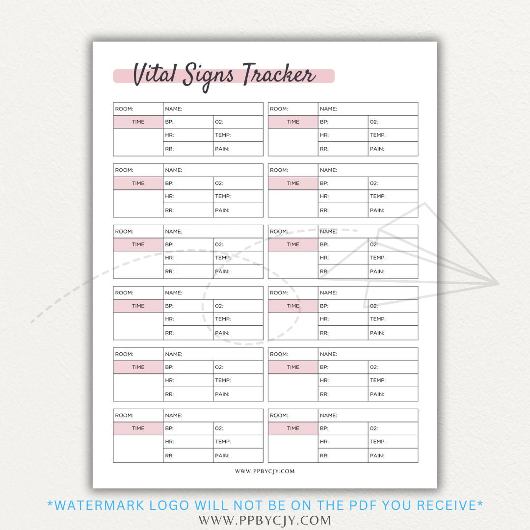 Medical Vital Sign Tracker Printable PDF Template with sections for blood pressure, heart rate, temperature, and oxygen levels for health monitoring.

