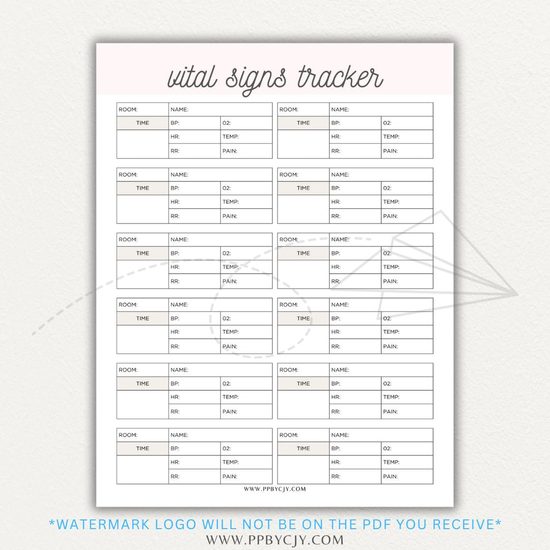 Medical Vital Sign Tracker Printable PDF Template with sections for blood pressure, heart rate, temperature, and oxygen levels for health monitoring.

