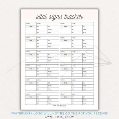 Medical Vital Sign Tracker Printable PDF Template with sections for blood pressure, heart rate, temperature, and oxygen levels for health monitoring.

