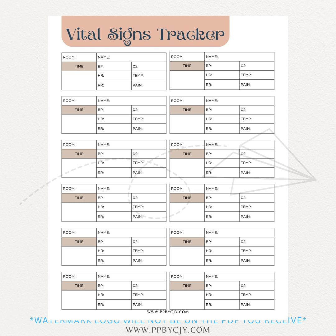 Medical Vital Sign Tracker Printable PDF Template with sections for blood pressure, heart rate, temperature, and oxygen levels for health monitoring.

