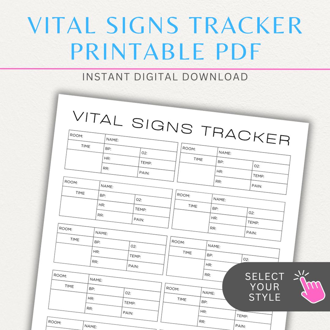 Medical Vital Sign Tracker Printable PDF Template with sections for blood pressure, heart rate, temperature, and oxygen levels for health monitoring.

