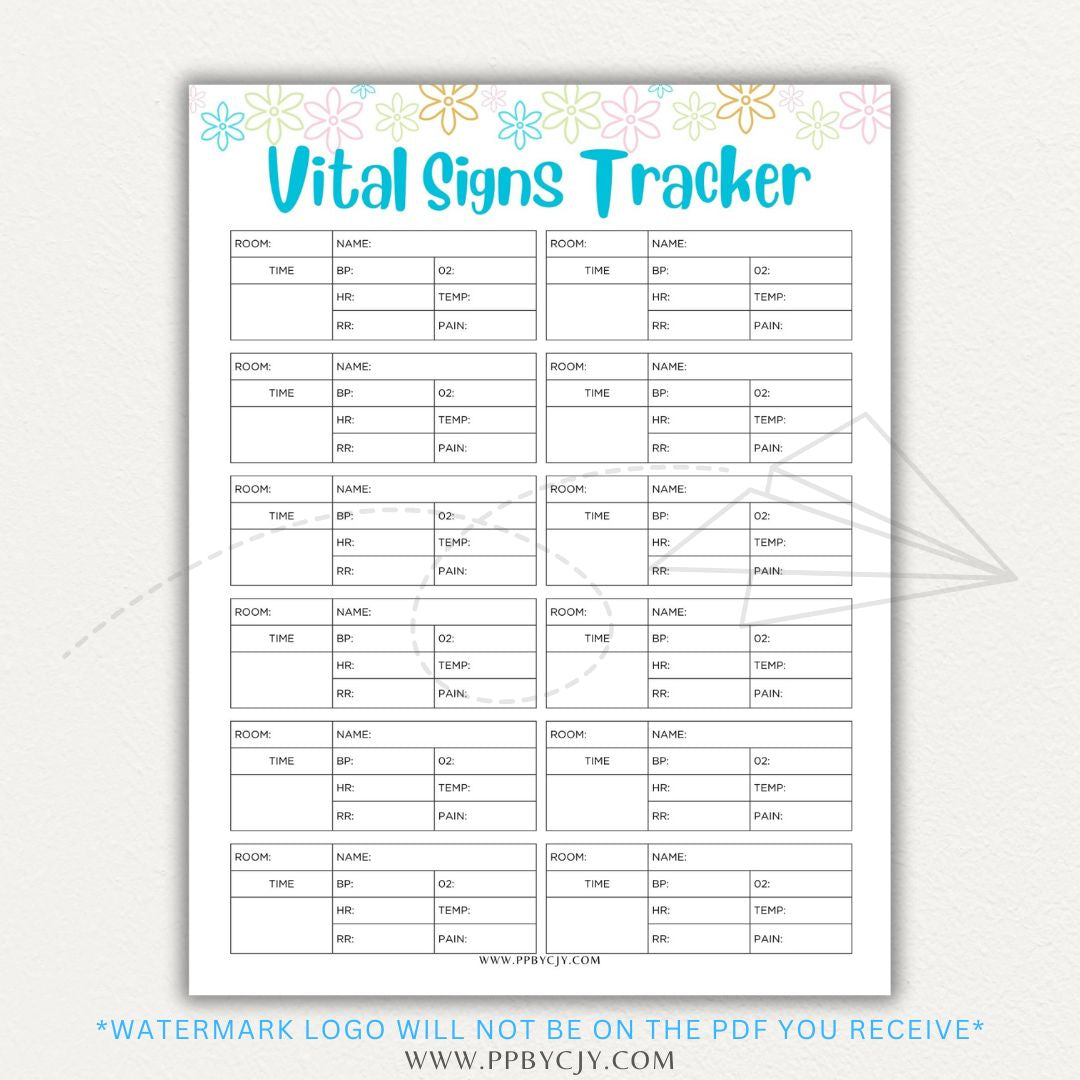 Medical Vital Sign Tracker Printable PDF Template with sections for blood pressure, heart rate, temperature, and oxygen levels for health monitoring.

