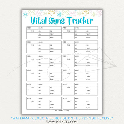 Medical Vital Sign Tracker Printable PDF Template with sections for blood pressure, heart rate, temperature, and oxygen levels for health monitoring.

