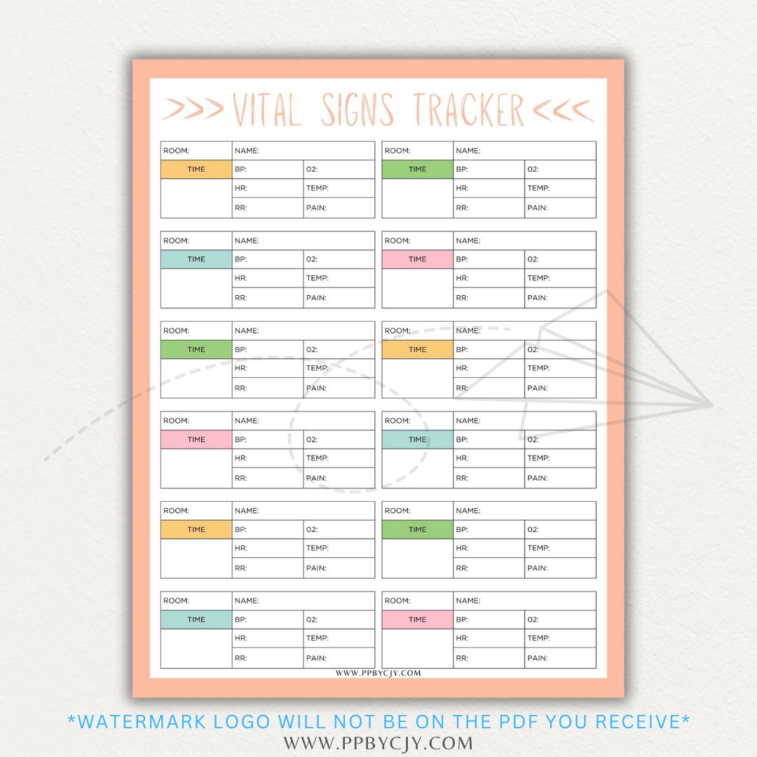 Medical Vital Sign Tracker Printable PDF Template with sections for blood pressure, heart rate, temperature, and oxygen levels for health monitoring.

