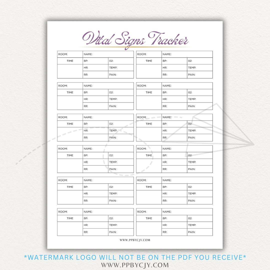 Medical Vital Sign Tracker Printable PDF Template with sections for blood pressure, heart rate, temperature, and oxygen levels for health monitoring.

