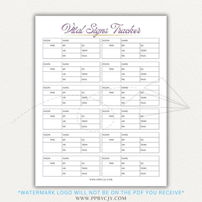 Medical Vital Sign Tracker Printable PDF Template with sections for blood pressure, heart rate, temperature, and oxygen levels for health monitoring.

