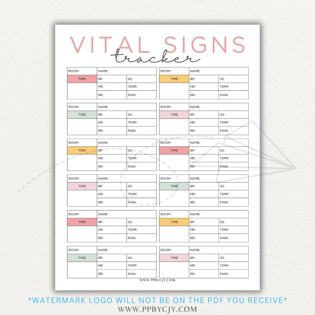 Medical Vital Sign Tracker Printable PDF Template with sections for blood pressure, heart rate, temperature, and oxygen levels for health monitoring.

