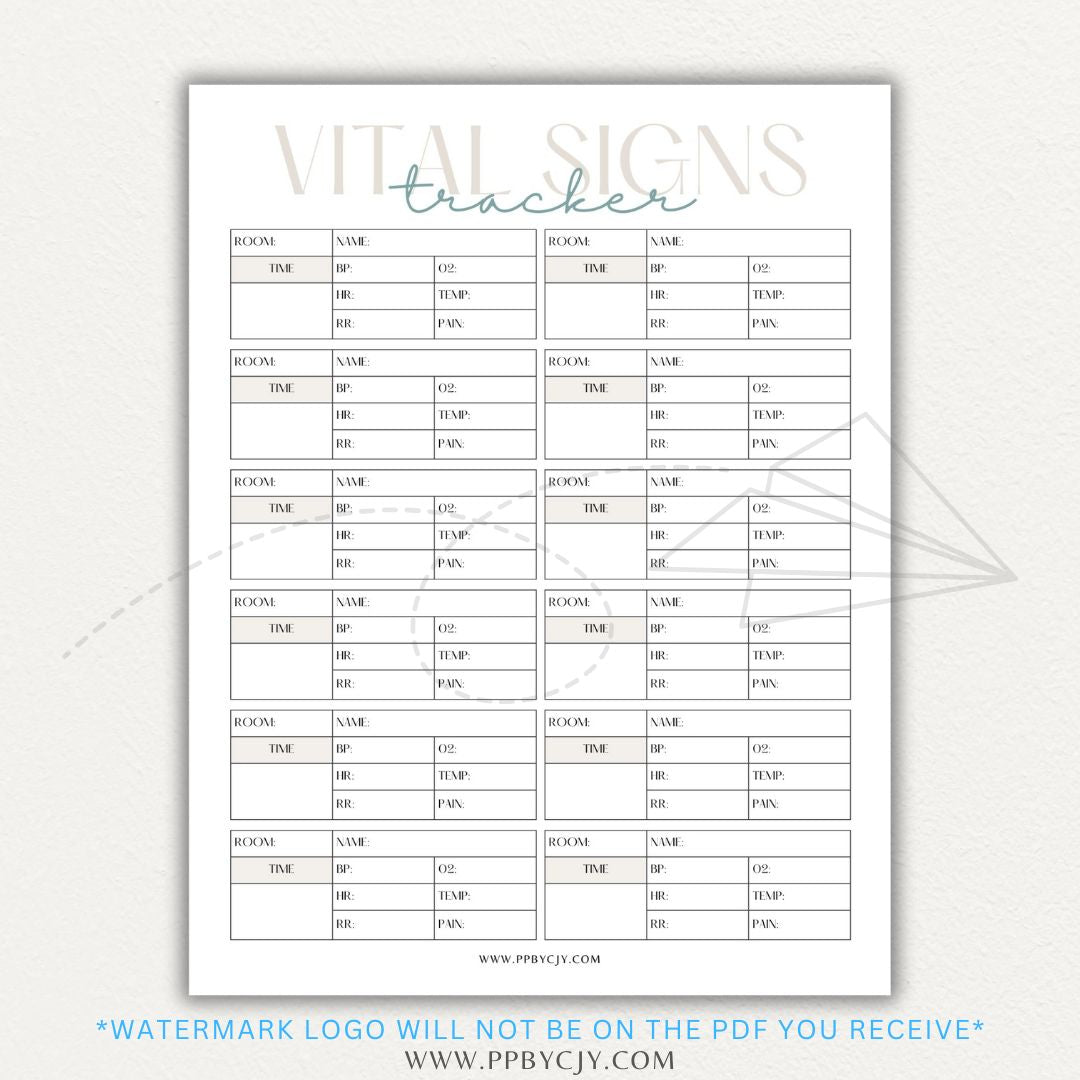 Medical Vital Sign Tracker Printable PDF Template with sections for blood pressure, heart rate, temperature, and oxygen levels for health monitoring.

