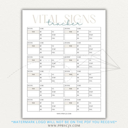 Medical Vital Sign Tracker Printable PDF Template with sections for blood pressure, heart rate, temperature, and oxygen levels for health monitoring.

