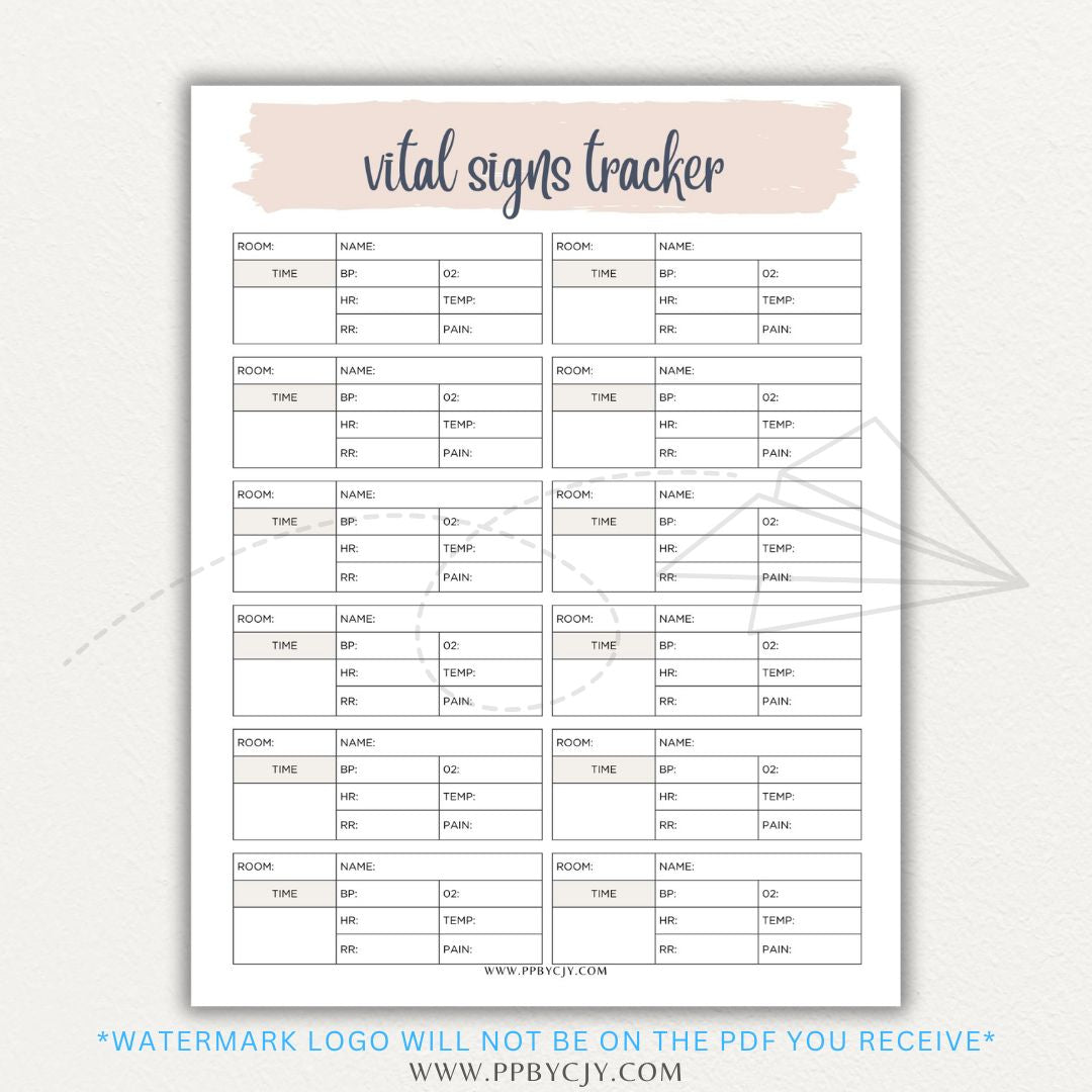 Medical Vital Sign Tracker Printable PDF Template with sections for blood pressure, heart rate, temperature, and oxygen levels for health monitoring.

