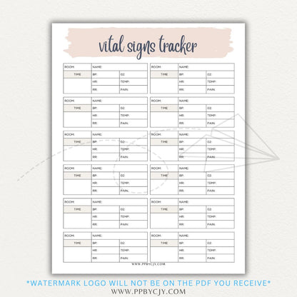 Medical Vital Sign Tracker Printable PDF Template with sections for blood pressure, heart rate, temperature, and oxygen levels for health monitoring.

