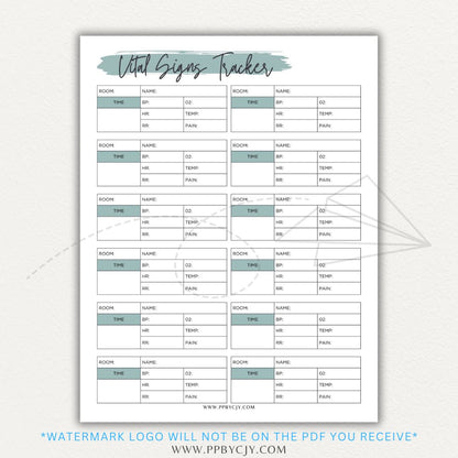 Medical Vital Sign Tracker Printable PDF Template with sections for blood pressure, heart rate, temperature, and oxygen levels for health monitoring.

