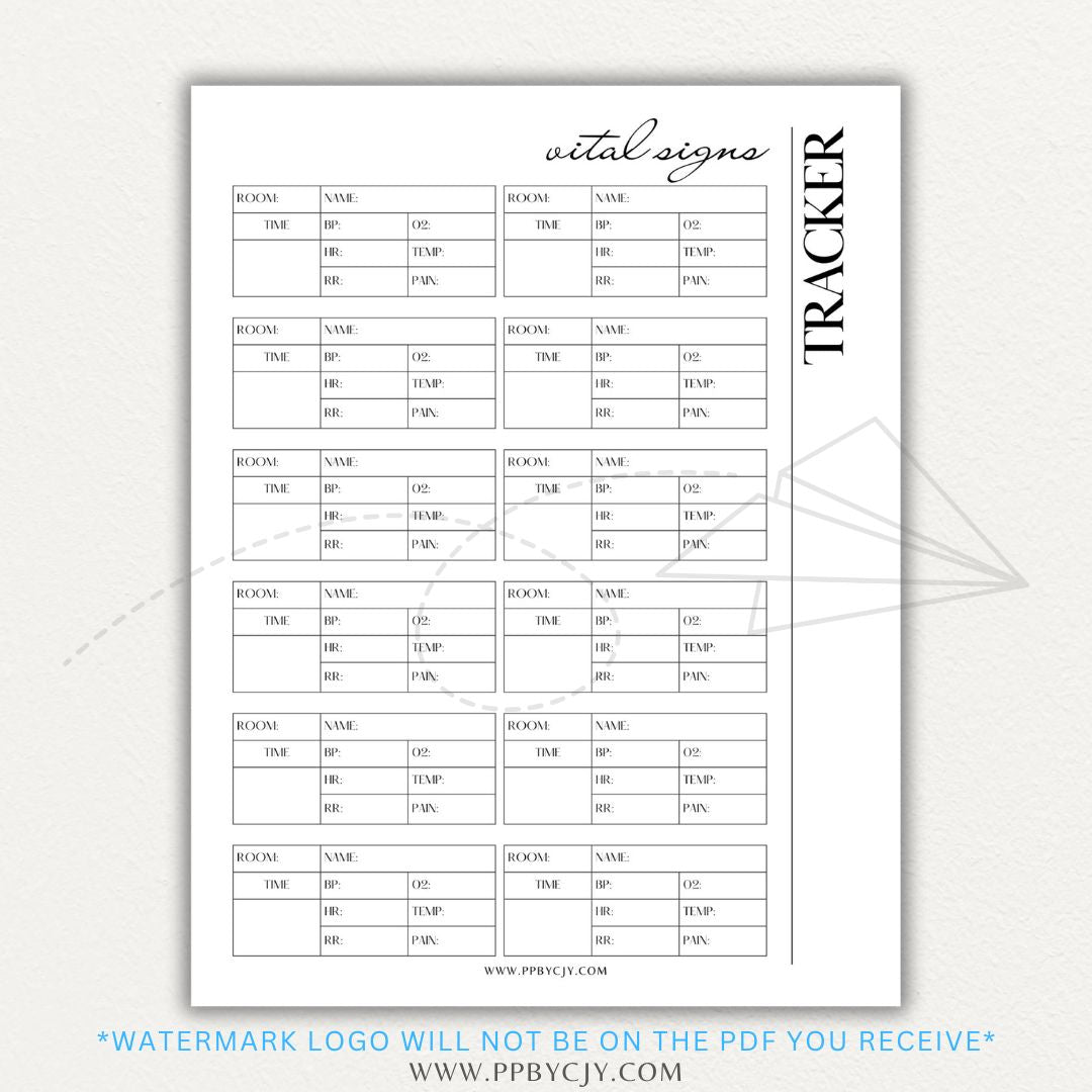 Medical Vital Sign Tracker Printable PDF Template with sections for blood pressure, heart rate, temperature, and oxygen levels for health monitoring.

