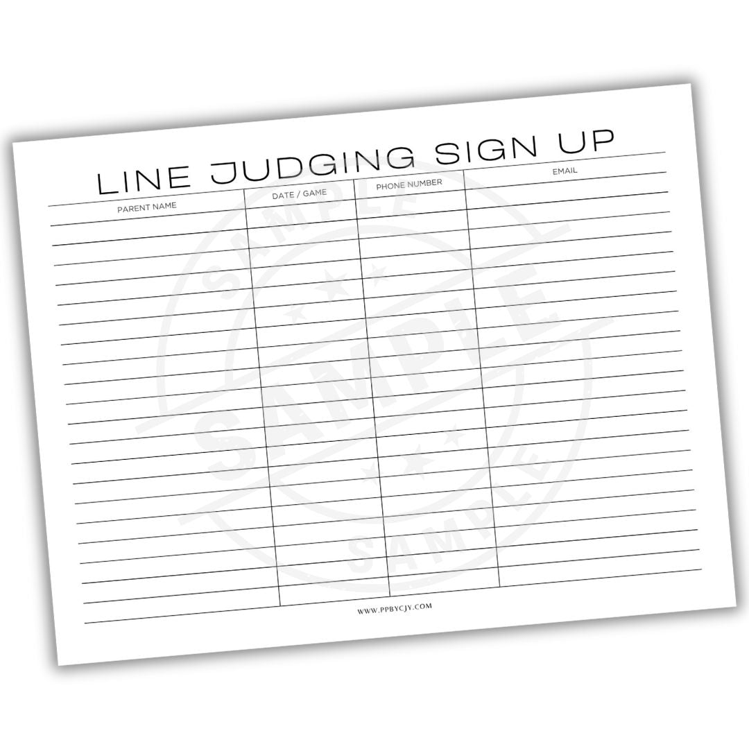 Line judging sign-up sheet with columns for parent name, date, phone number, and email on a white background.
