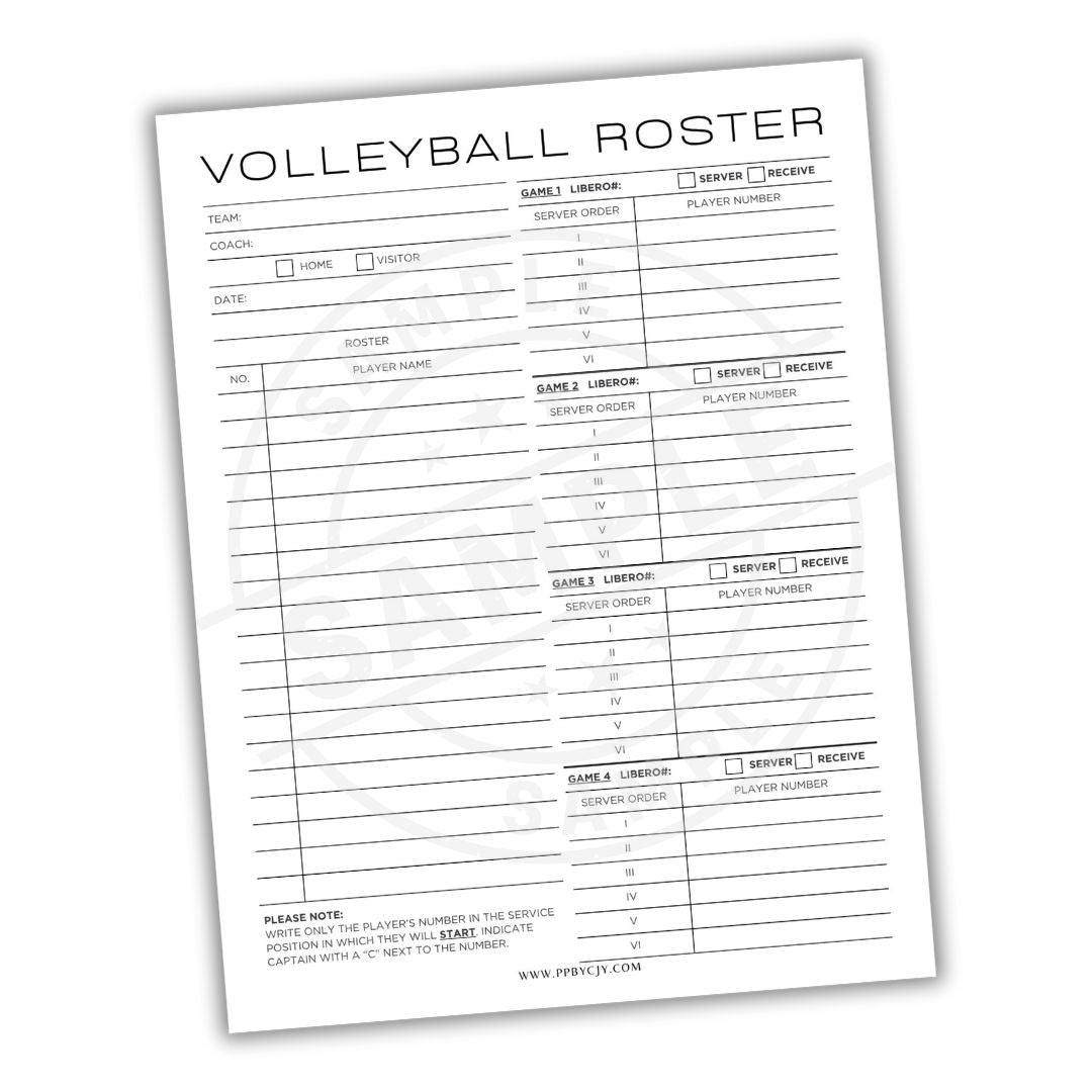 Volleyball roster sheet on a white background