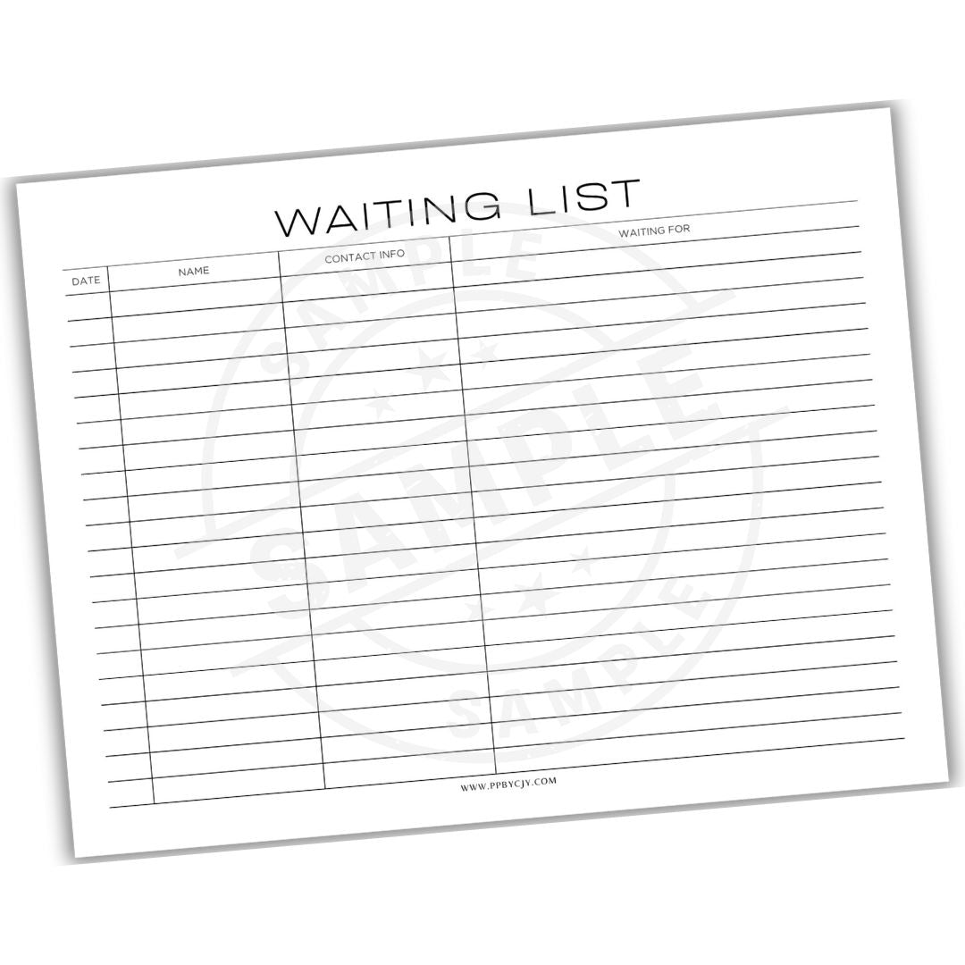Waiting list sheet with columns for date, name, contact info, and reason for waiting.