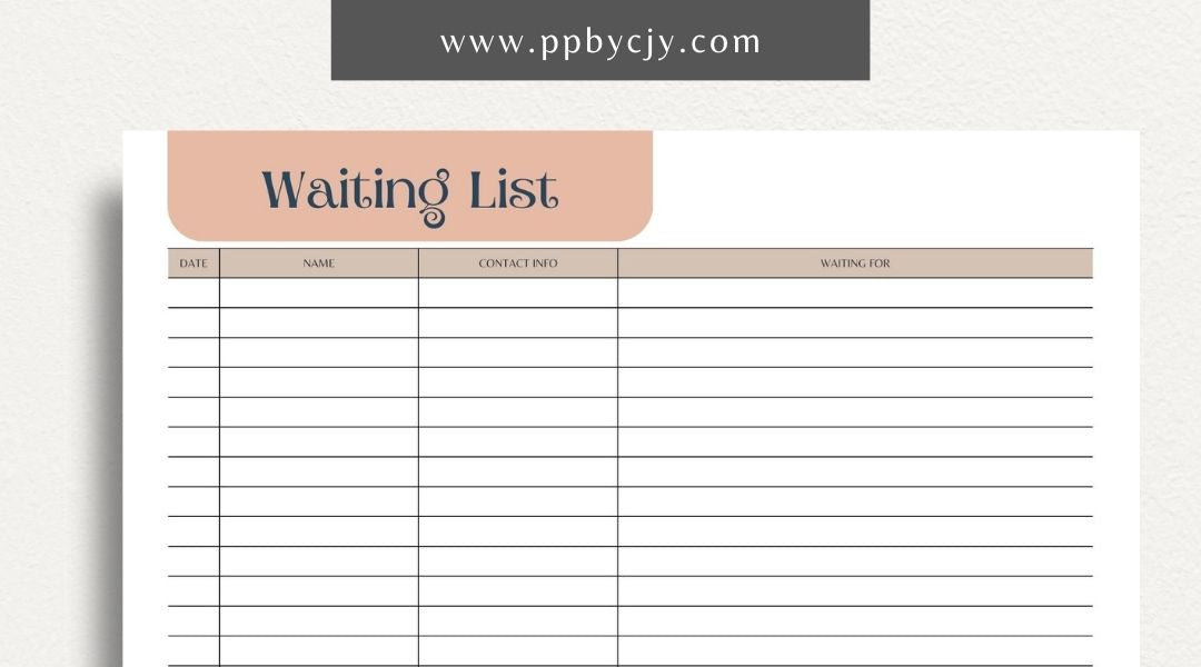 Waiting List Printable Template – Digital download for organizing and managing a list of individuals or items in a queue, including names, wait times, and statuses