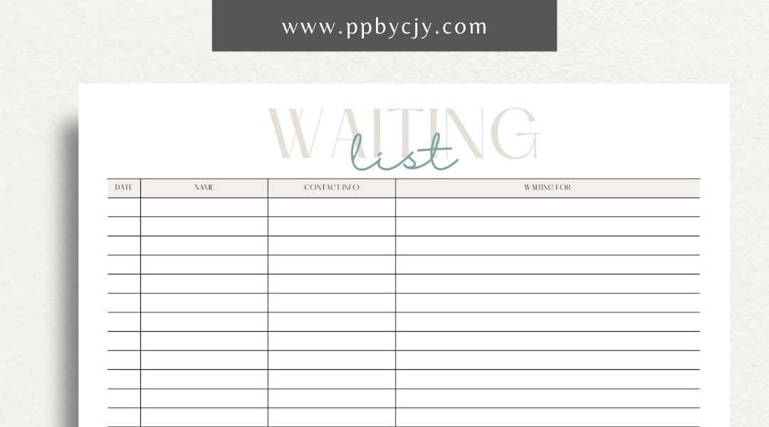 Waiting List Printable Template – Digital download for organizing and managing a list of individuals or items in a queue, including names, wait times, and statuses