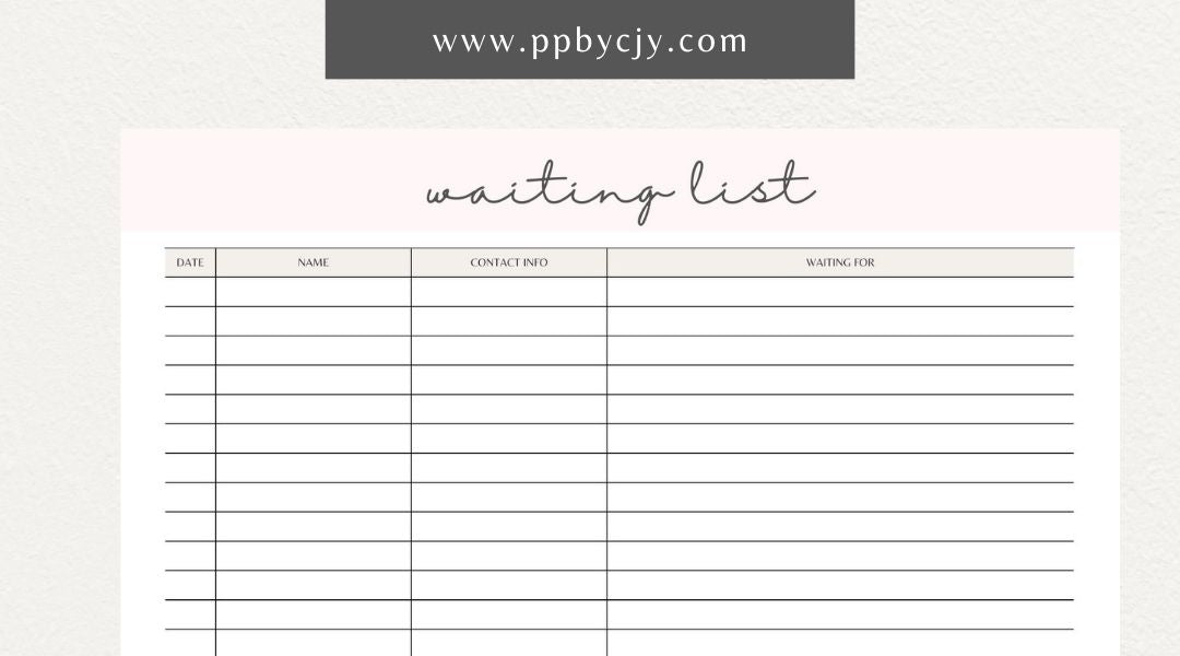 Waiting List Printable Template – Digital download for organizing and managing a list of individuals or items in a queue, including names, wait times, and statuses