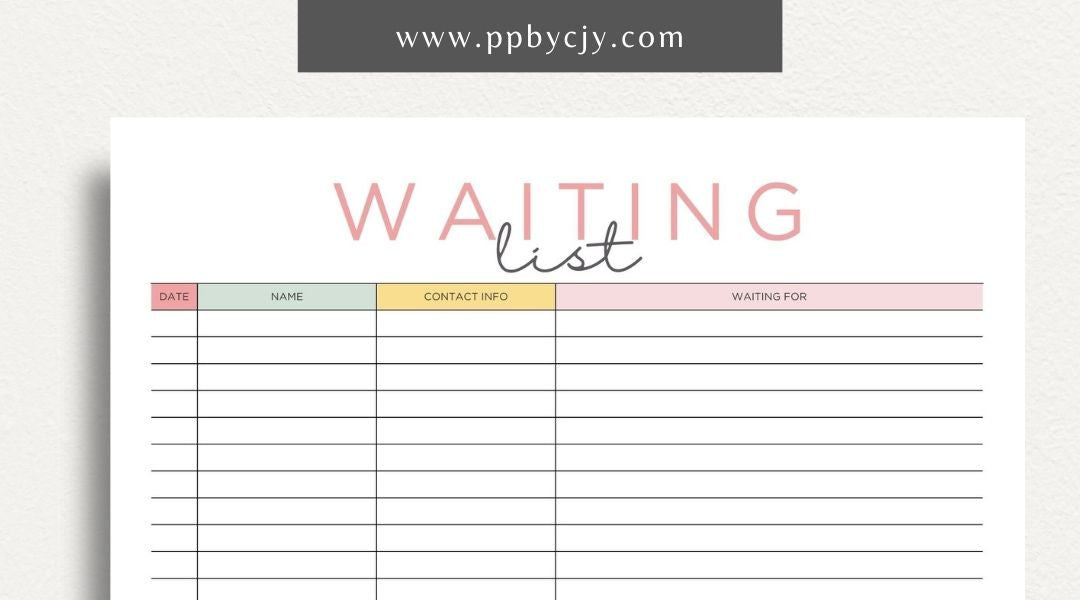 Waiting List Printable Template – Digital download for organizing and managing a list of individuals or items in a queue, including names, wait times, and statuses