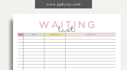 Waiting List Printable Template – Digital download for organizing and managing a list of individuals or items in a queue, including names, wait times, and statuses